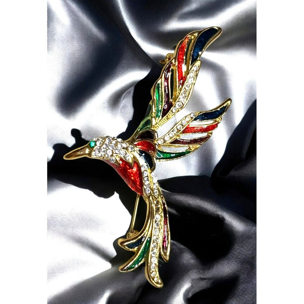 Vintage Multicolor Crystal Enamel Bird Brooch Pin
